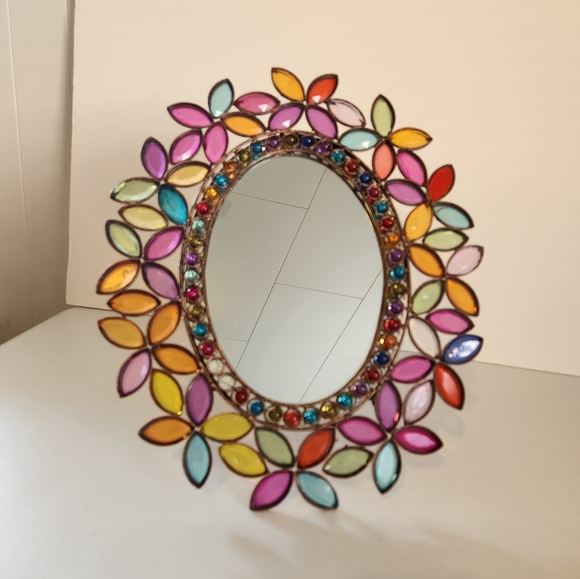Vintage Other - Pier 1 Boho Jewels Floral Beaded Beads Metal Frame Stand Mirror Vintage 90s